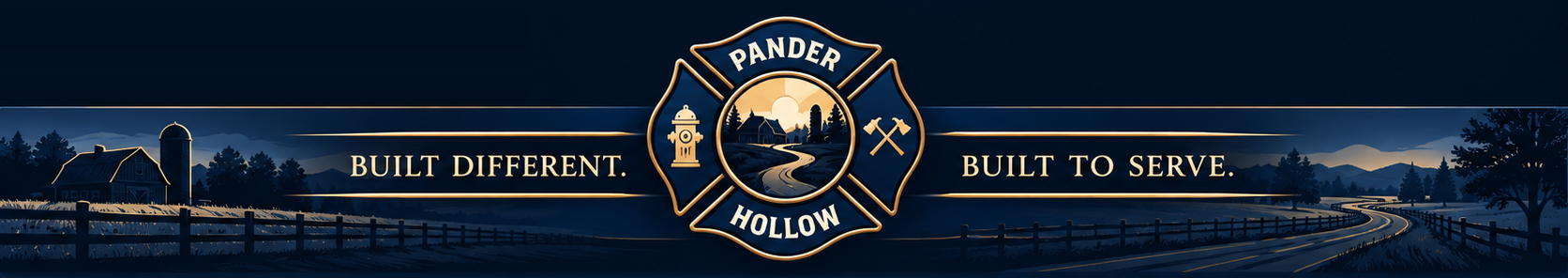 Pander Hollow Maltese cross crest with country road, barn, fields and the words Built Different, Built to Serve